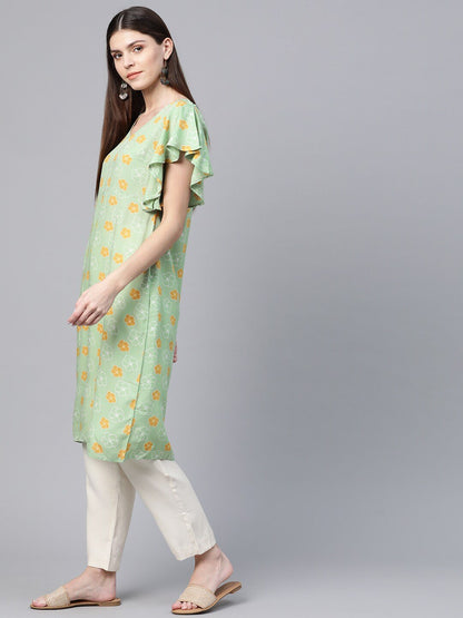 Women's  Green & Mustard Yellow Floral Printed Flutter Sleeves Long Tunic