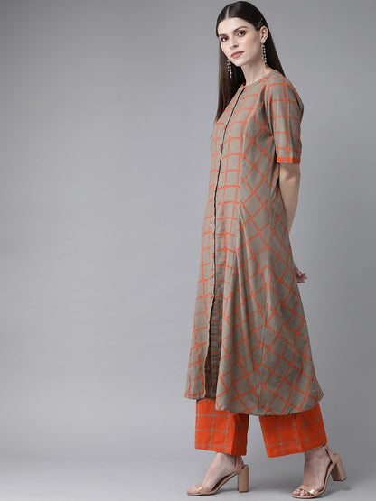 Women's  Grey & Orange Checked Kurta with Palazzos
