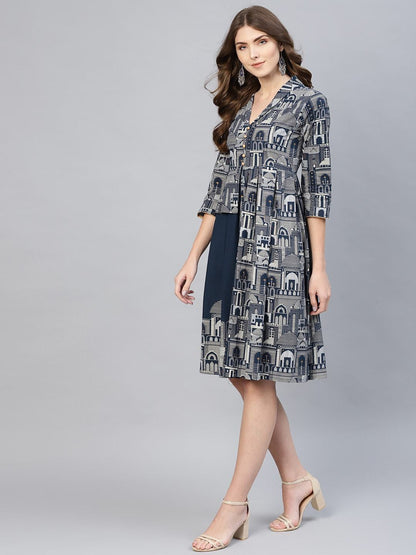 Women's  Navy & Off-White Printed Layered A-Line Dress