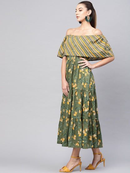 Women's  Olive Green & Mustard Yellow Floral Printed Maxi Off-Shoulder Tiered Dress
