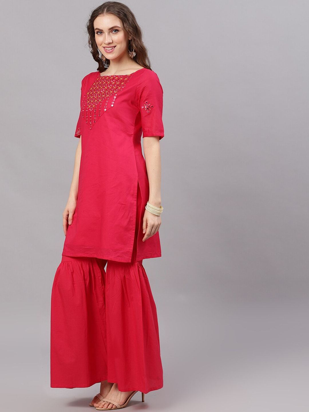 Women's  Magenta Yoke Design Kurta with Sharara