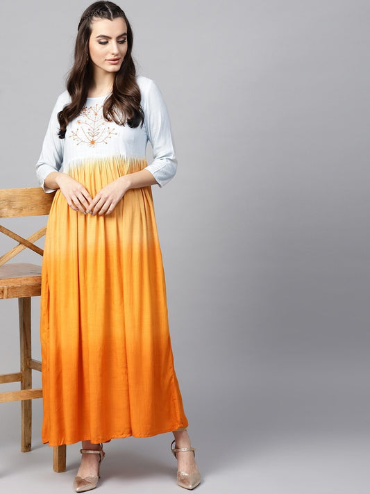 Women's  Orange & Blue Dyed A-Line Kurta