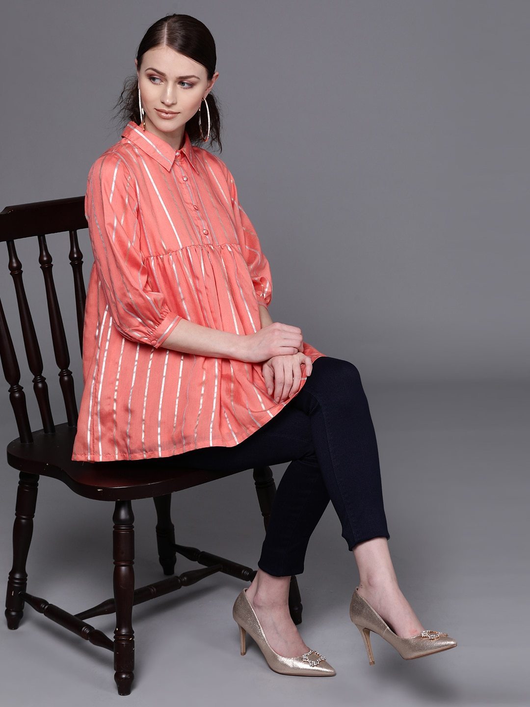 Couture Women's  Peach-Coloured & Silver Striped Tunic