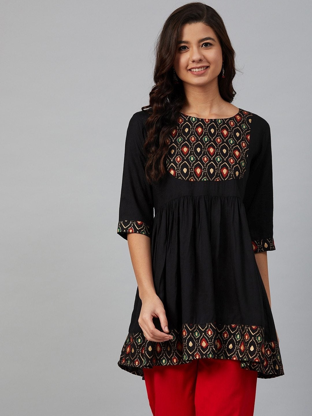 Women's Black & Golden Yoke Design A-Line Kurti