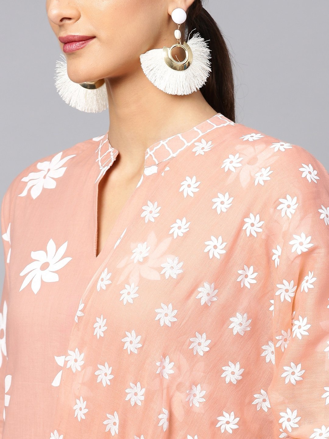 Women's  Peach-Coloured & White Khari Print Kurta with Palazzos & Dupatta