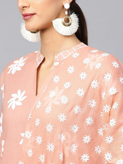 Women's  Peach-Coloured & White Khari Print Kurta with Palazzos & Dupatta