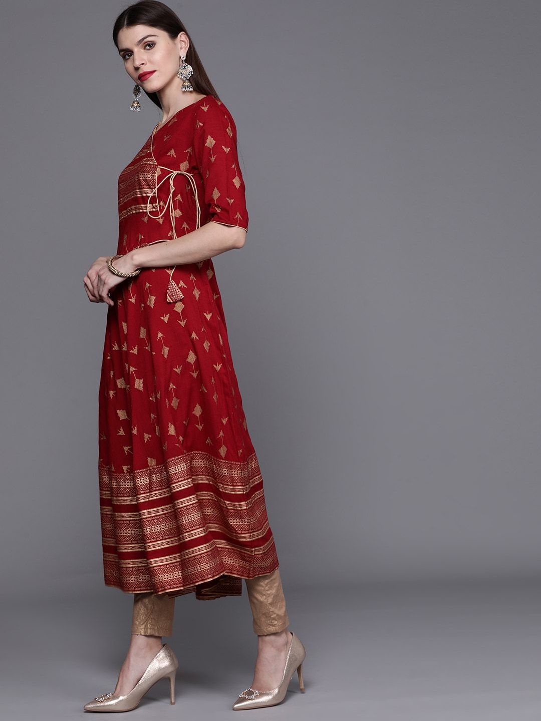 Women's  Maroon & Golden Screen Print Angrakha Anarkali Kurta