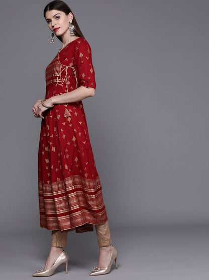 Women's  Maroon & Golden Screen Print Angrakha Anarkali Kurta