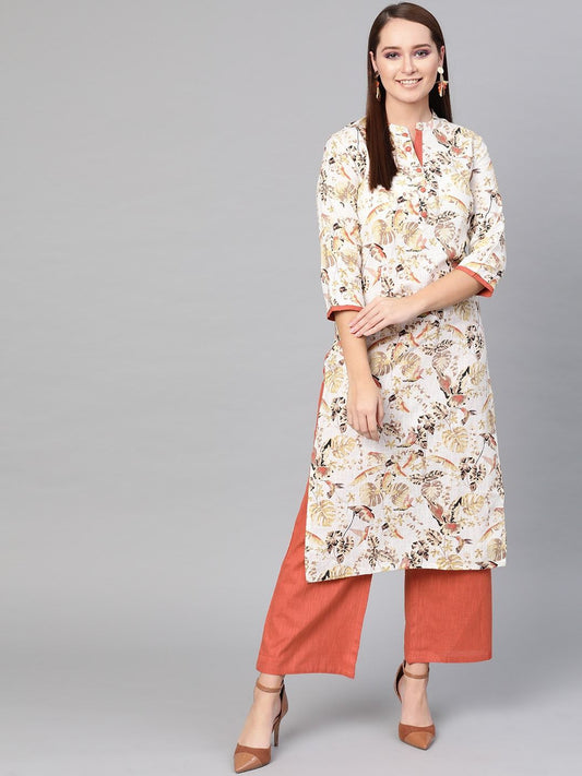 Women's  Off-White & Rust Orange Printed Kurta with Palazzos