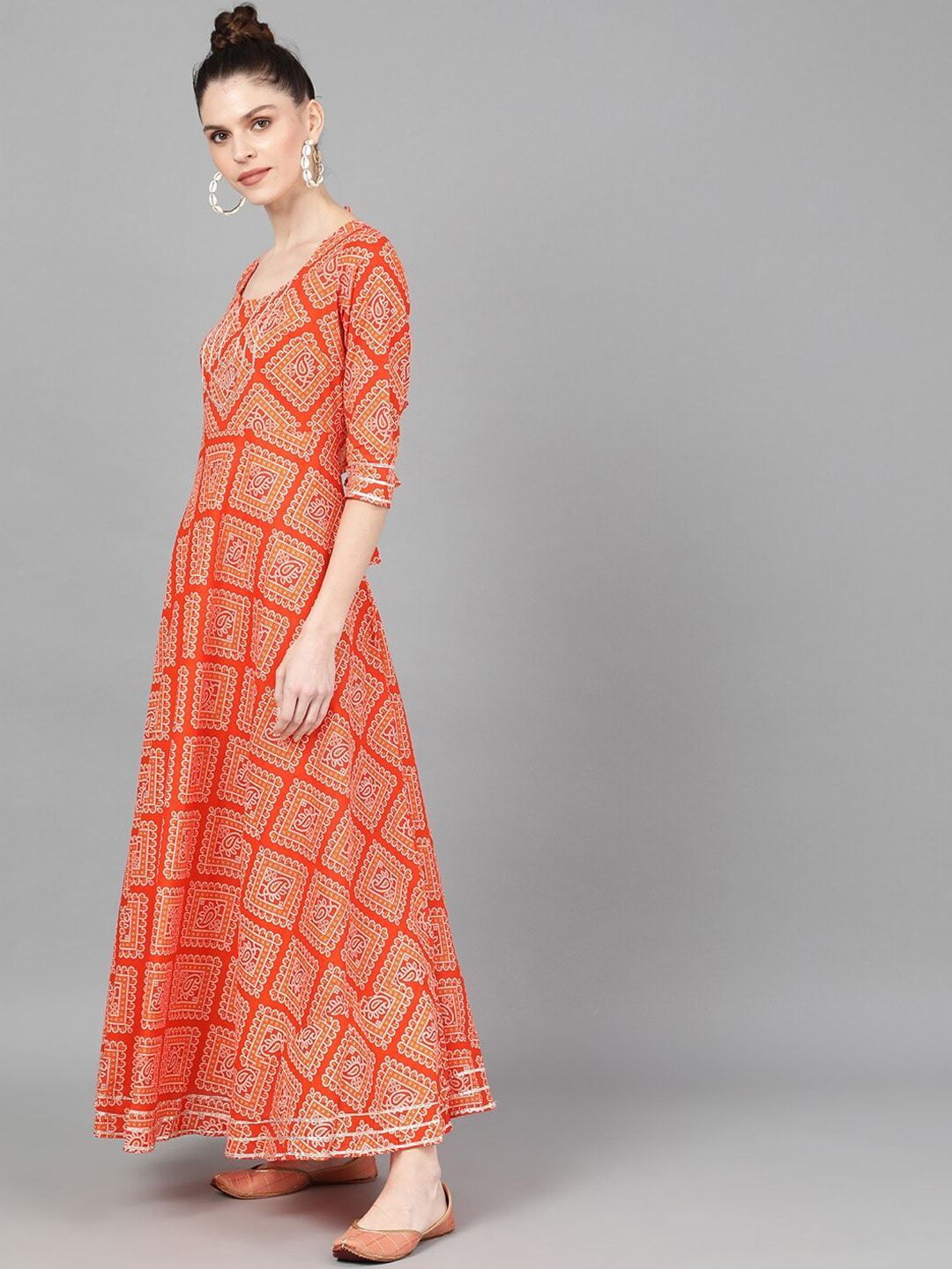 Women's  Orange  Bandhani Printed Maxi Dress