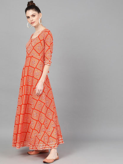 Women's  Orange  Bandhani Printed Maxi Dress
