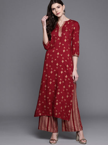 Women's  Maroon & Golden Printed Kurta with Palazzos