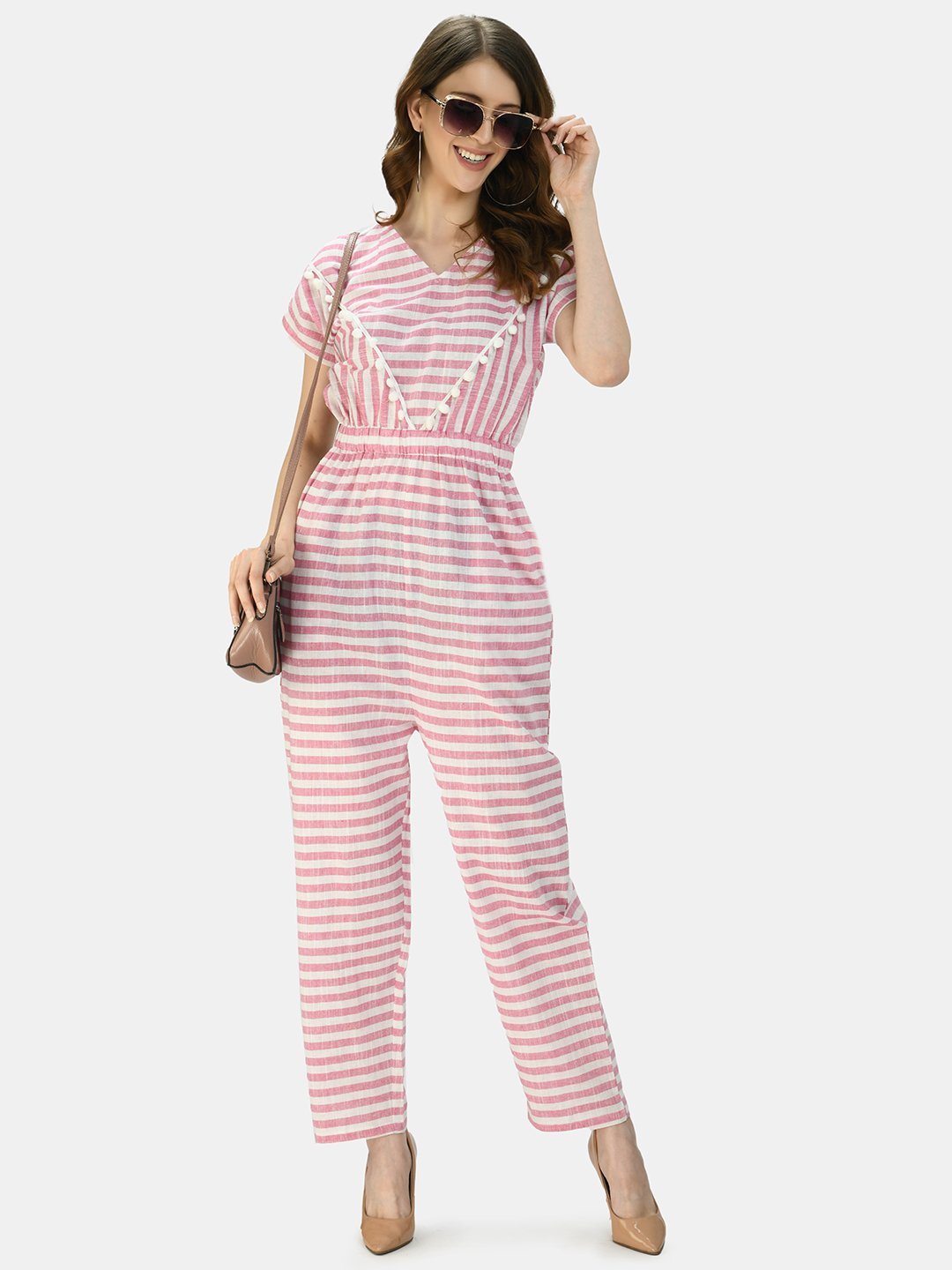 Women's Pink Cotton Printed Short Sleeve Round Neck Casual Jumpsuit