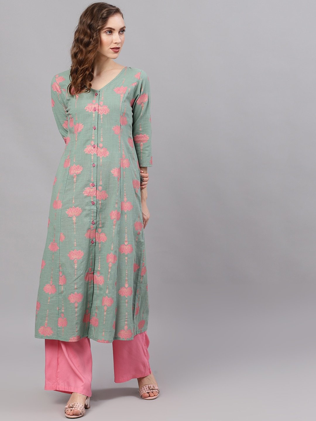 Women's  Green & Pink Printed A-Line Kurta