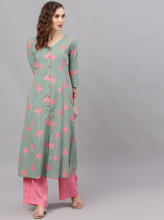 Women's  Green & Pink Printed A-Line Kurta