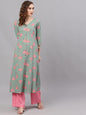 Women's  Green & Pink Printed A-Line Kurta