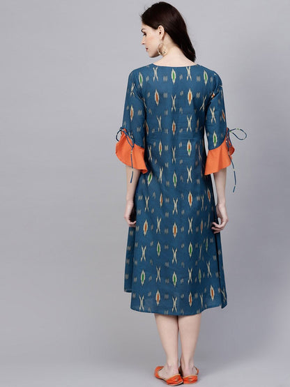 Women's  Navy Blue & Grey Printed A-Line Dress