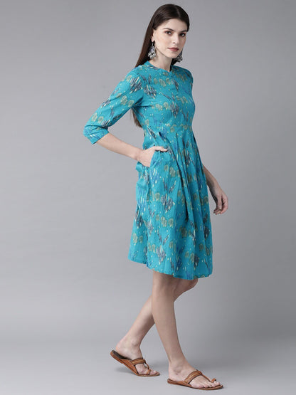 Women's  Blue & Green Printed A-Line Dress
