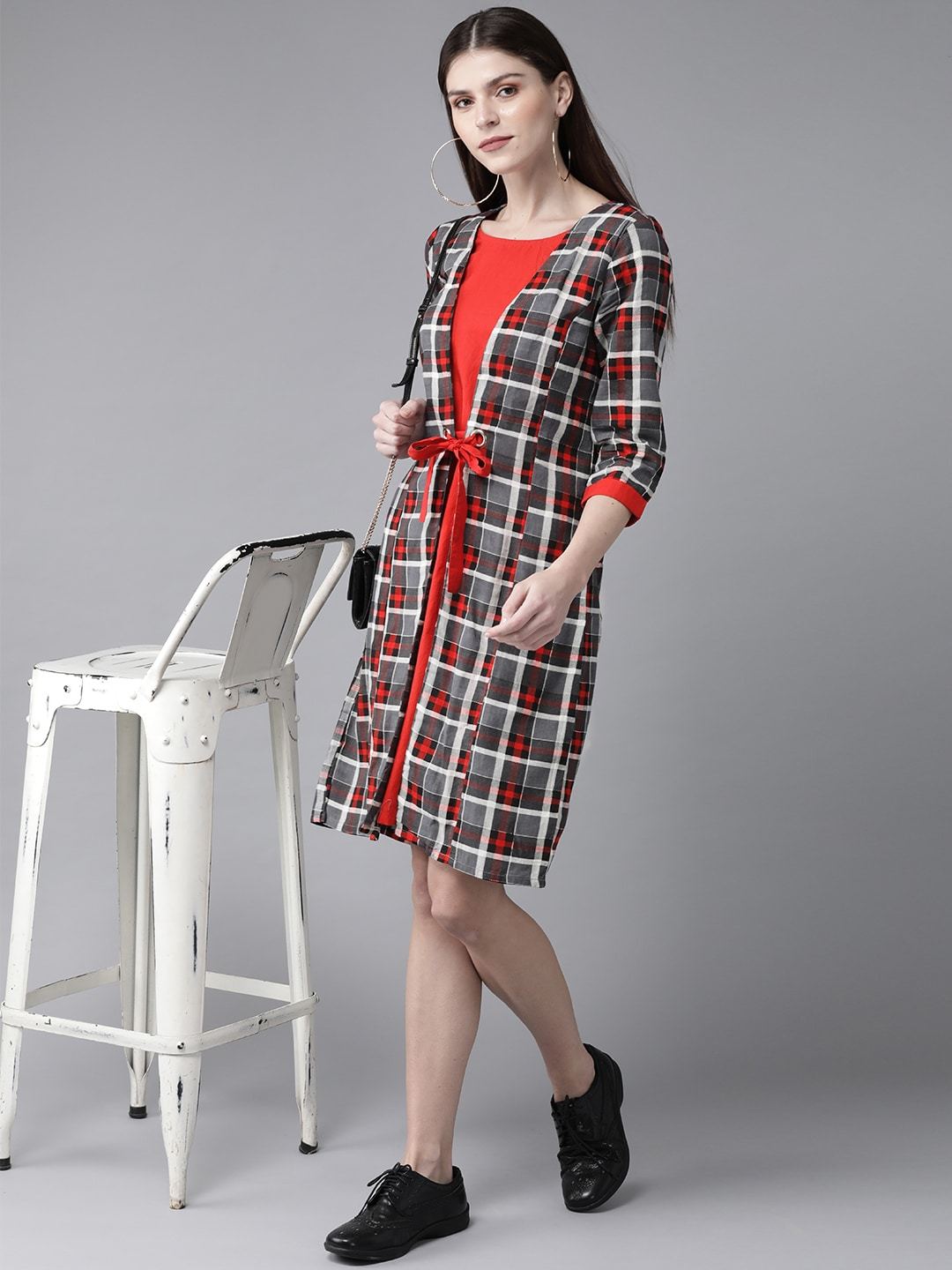 Women's  Grey & Red Checked Layered A-Line Dress
