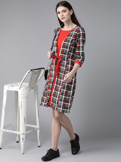 Women's  Grey & Red Checked Layered A-Line Dress