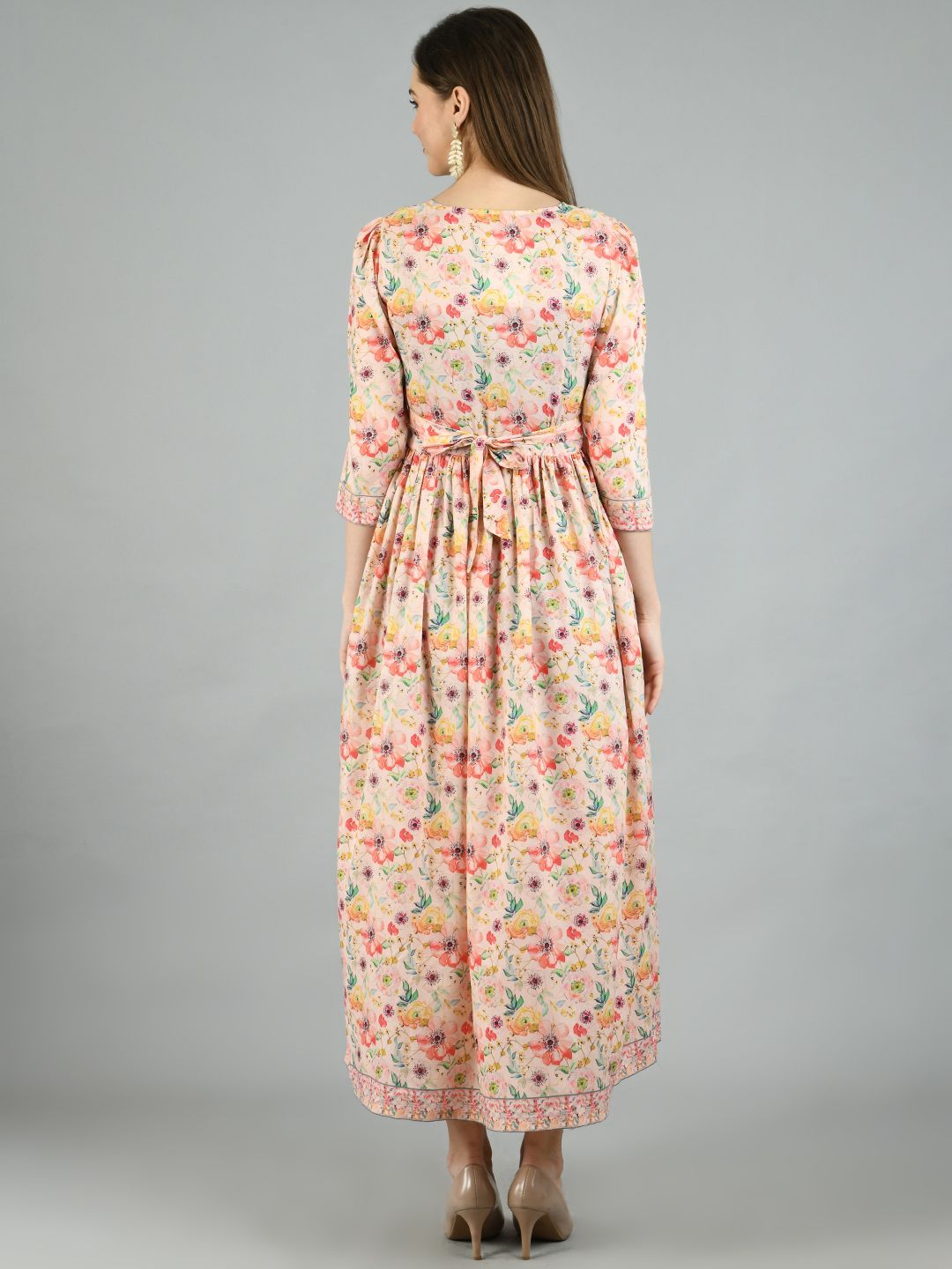 Women's Multi Cotton Printed 3/4 Sleeve Squre Casual Dress