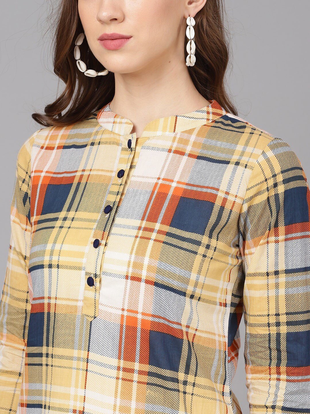 Women's  Yellow & Blue Checked Straight Kurta