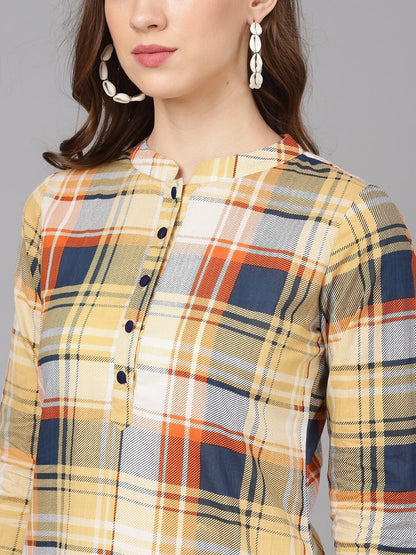 Women's  Yellow & Blue Checked Straight Kurta
