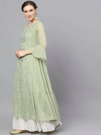 Women's  Green Embroidered Layered Anarkali Kurta
