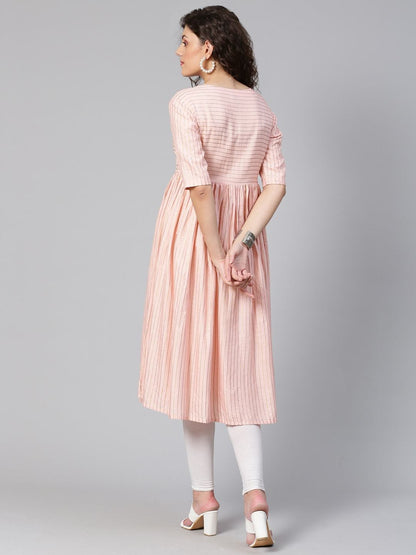 Women's Pink & Golden Striped Anarkali Kurta