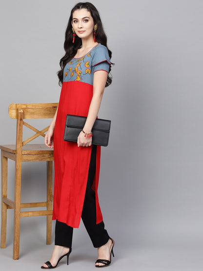 Women's  Red & Grey Yoke Design Empire Straight Kurta