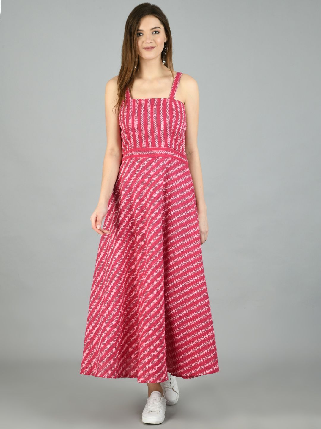 Women's Pink Cotton Printed Sleeveless Off Shoulder Casual Dress