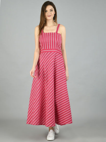 Women's Pink Cotton Printed Sleeveless Off Shoulder Casual Dress