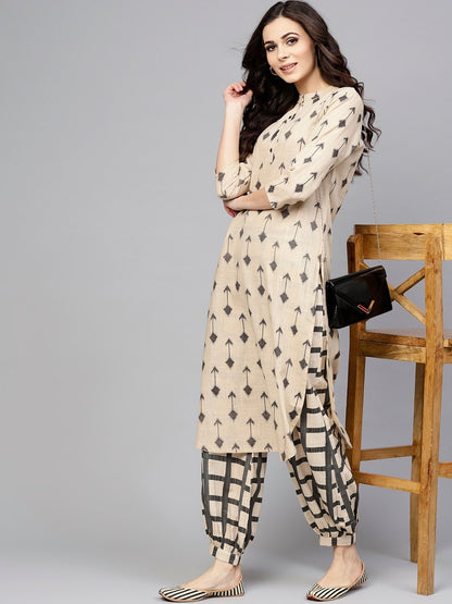 Women's Beige & Grey Printed Kurta with Salw