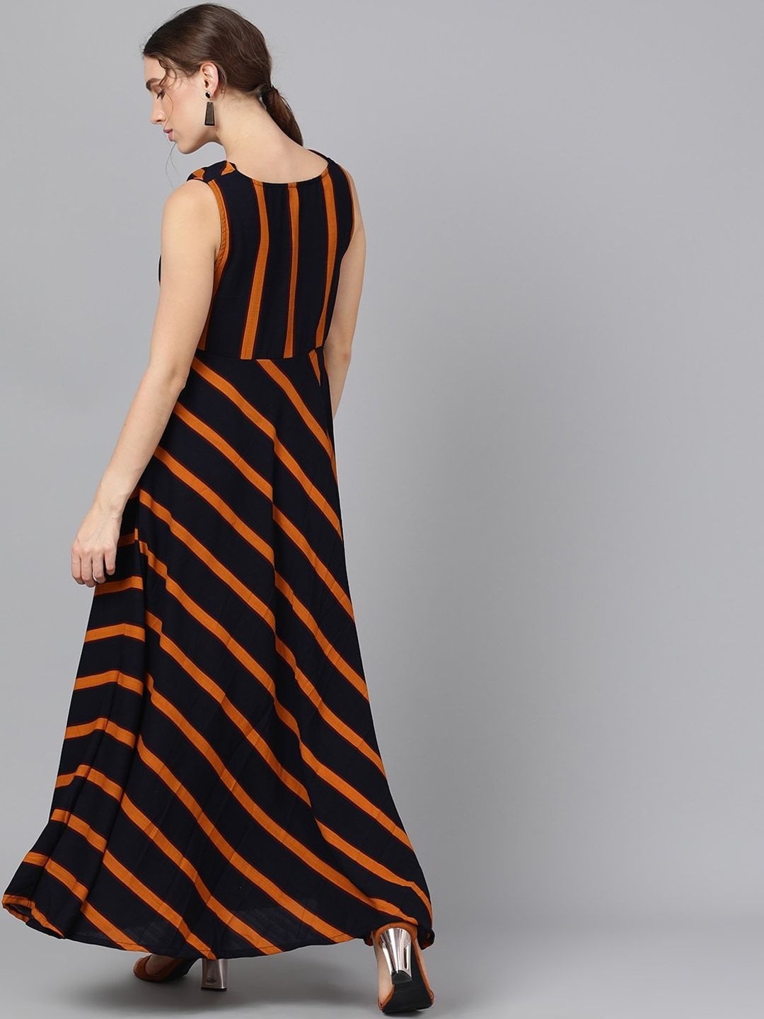 Women's  Navy Blue Striped Maxi Dress