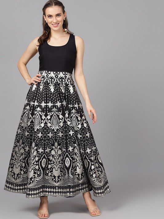 Women's  Black & Silver-Toned Printed Maxi Dress