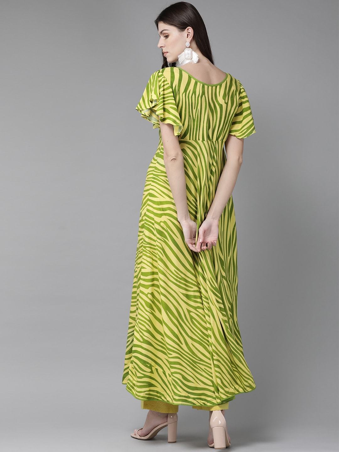 Women's  Yellow & Green Zebra Print Anarkali Kurta