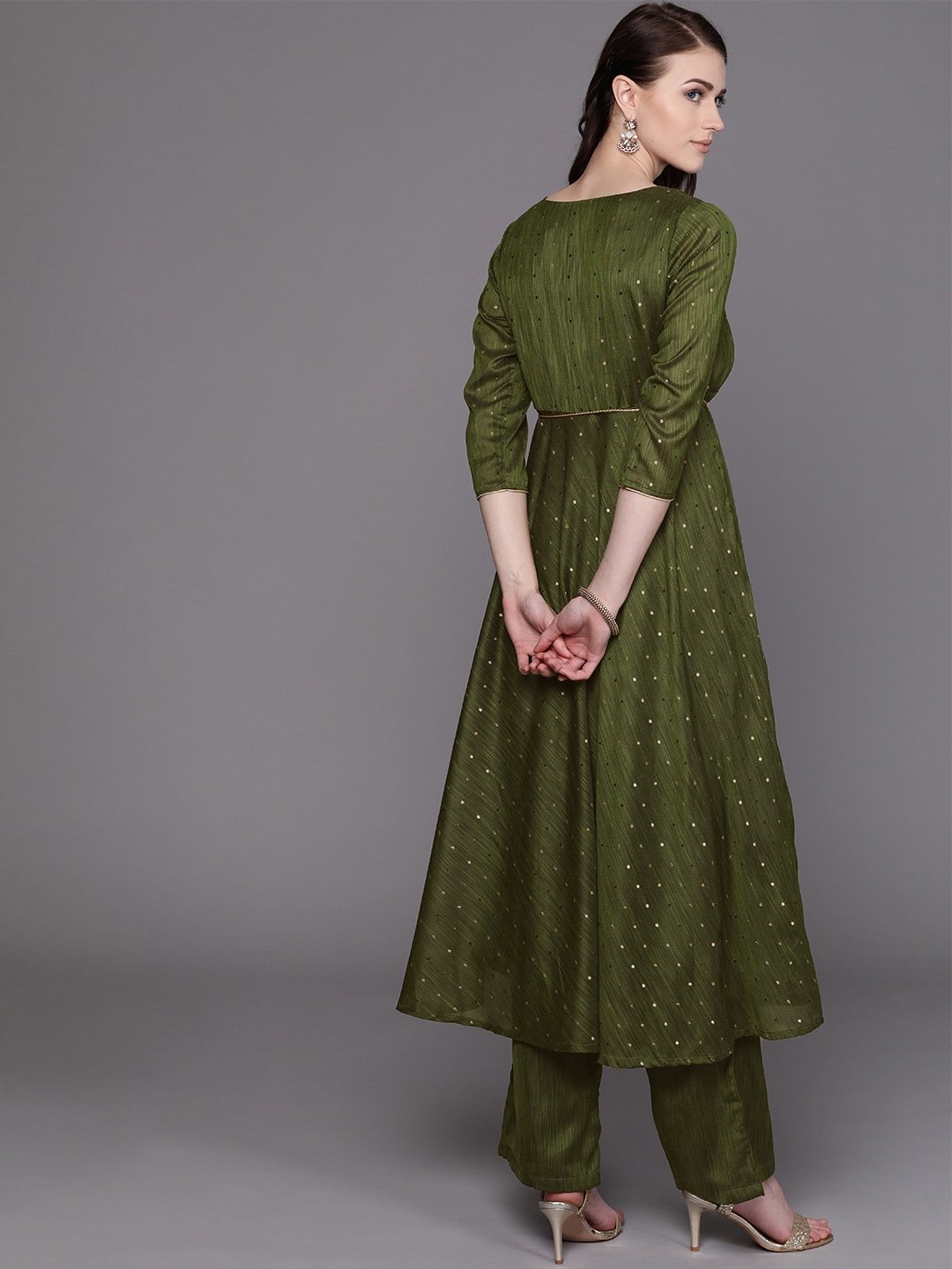 Women's  Olive Green & Golden Self Design Kurta with Palazzos With Belt
