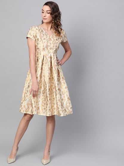Women's  Beige & Golden Jacquard Self Design Fit and Flare Dress