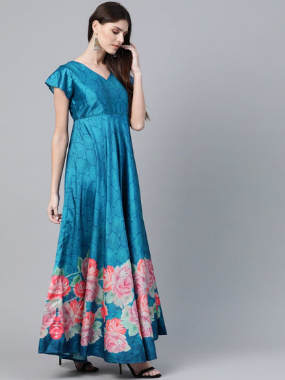 Women's  Blue & Pink Floral Digital Printed Maxi Dress