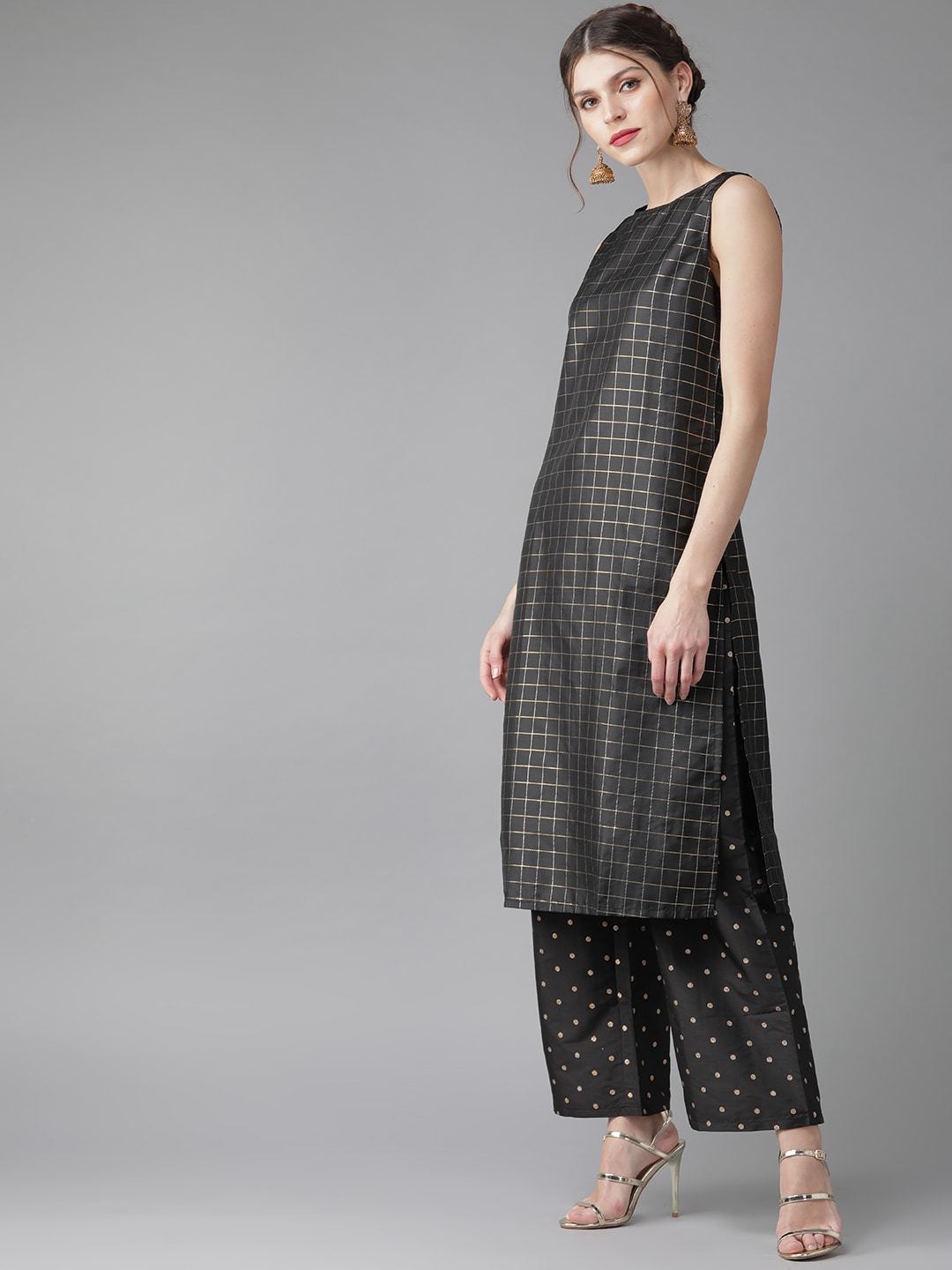Women's  Black & Golden Self Checked Kurta with Palazzos