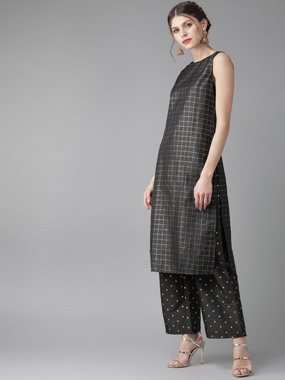 Women's  Black & Golden Self Checked Kurta with Palazzos