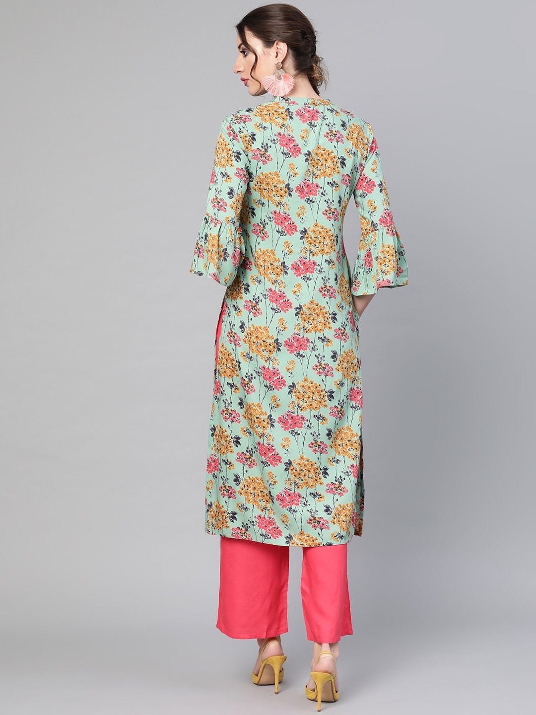 Women's  Sea Green & Pink Printed Kurta with Palazzos