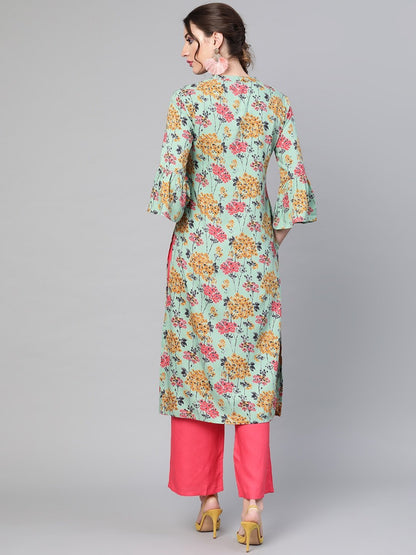Women's  Sea Green & Pink Printed Kurta with Palazzos