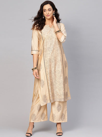 Women's  Beige & Black Block Print Kurta with Palazzos