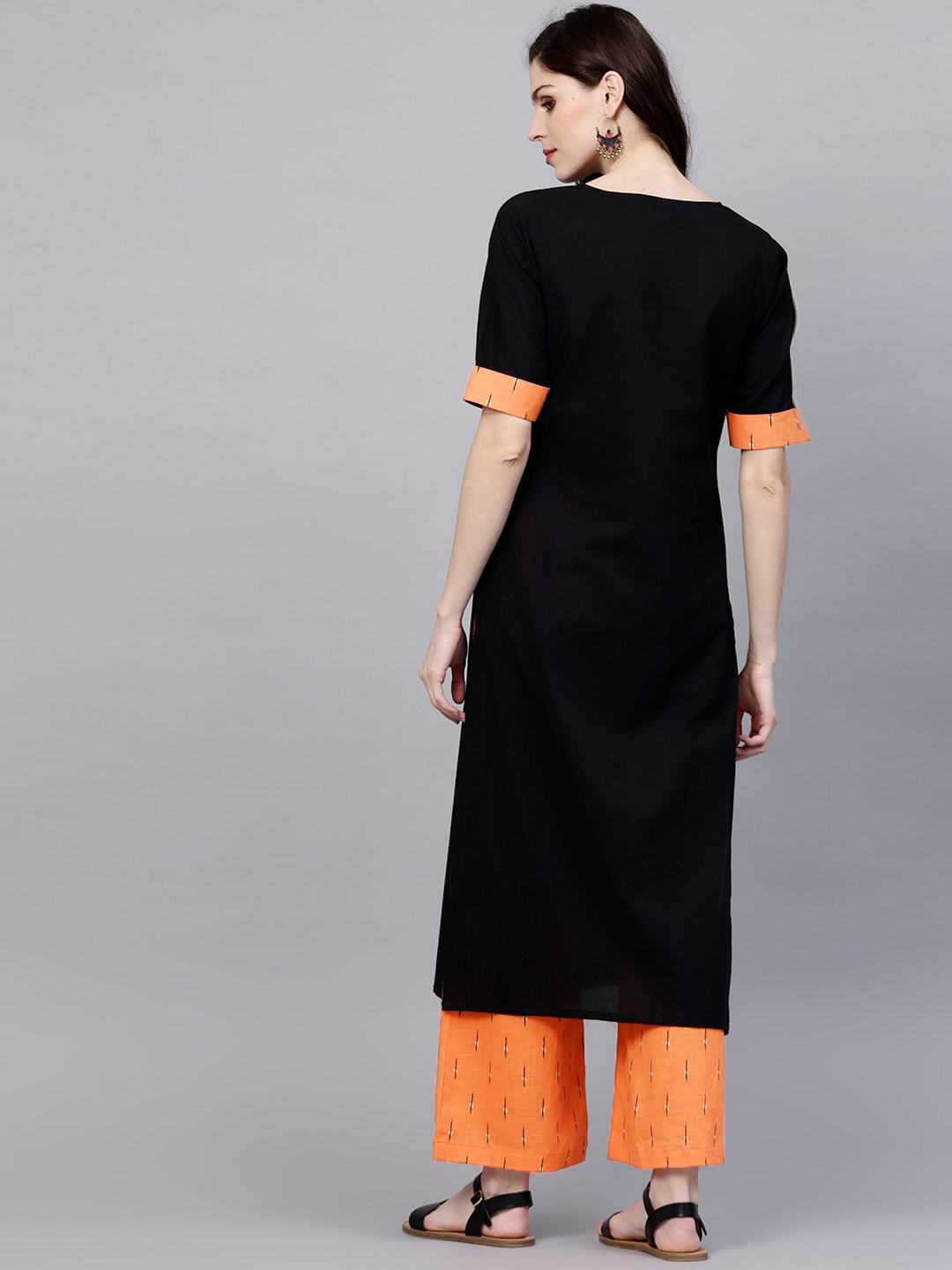 Women's  Black & Orange Solid Kurta with Palazzos