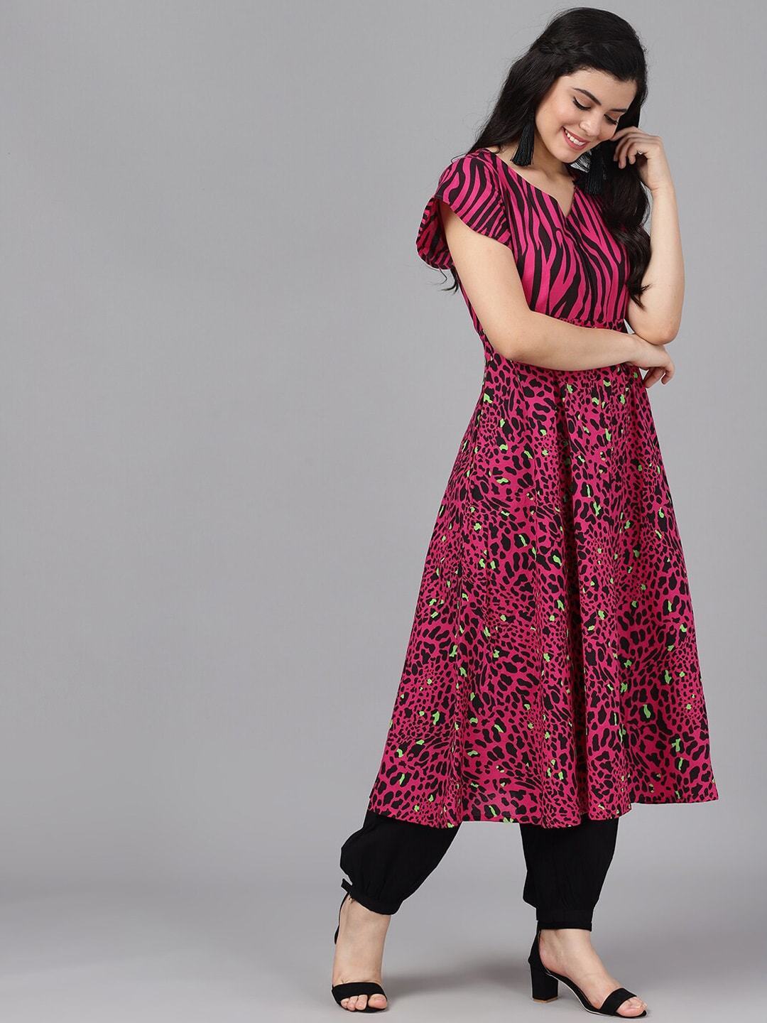 Women's  Magenta & Brown Animal Printed Anarkali Kurta