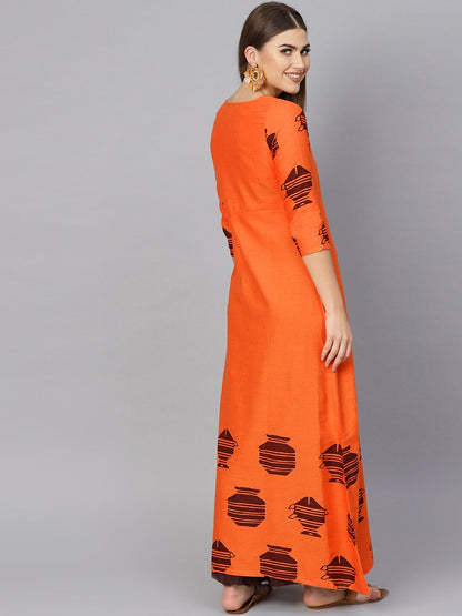Women's  Orange & Brown Printed A-Line Kurta
