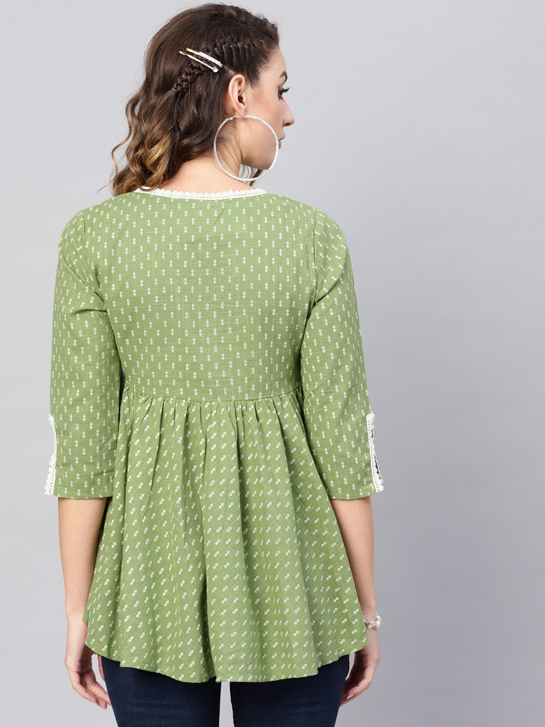 Women's Green & White Printed Angrakha Tunic