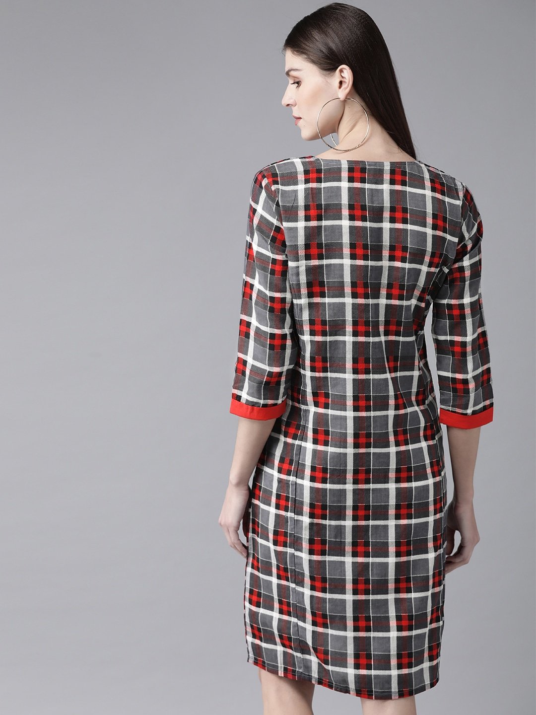 Women's  Grey & Red Checked Layered A-Line Dress