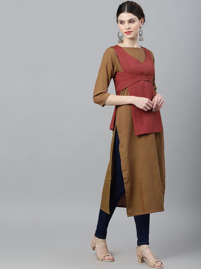 Women's  Olive Green & Maroon Solid A-Line Kurta
